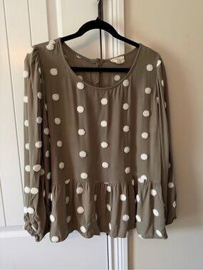 Perch by Blu Pepper Women’s Olive Green Pom Pom Peplum Blouse